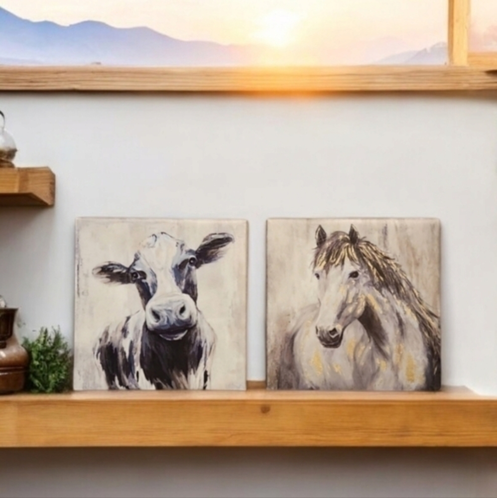 Farm House Home Decor Horse and Cow Animal Wall Art Canvas‎  8×8
